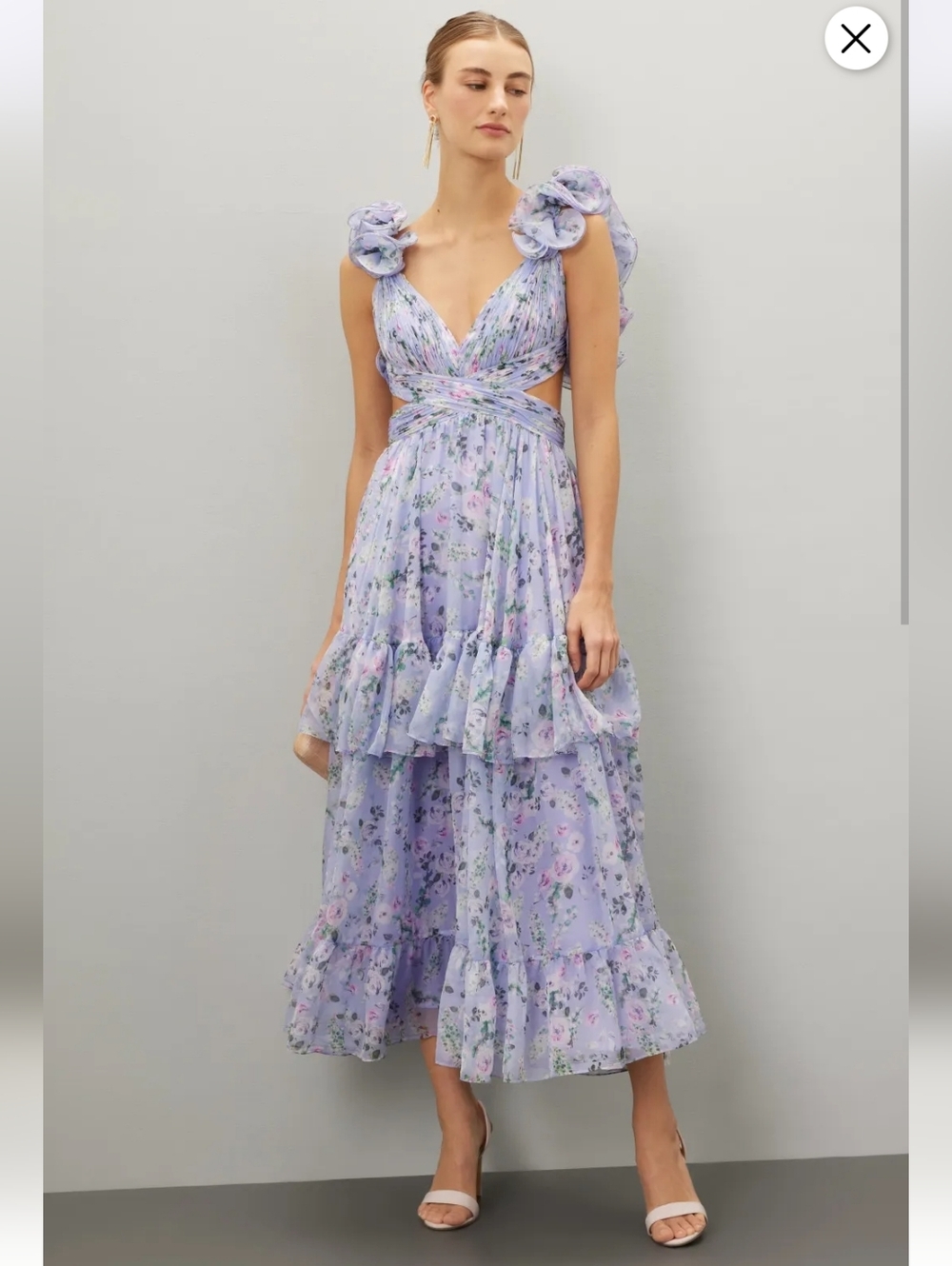 leena for Mac Duggal Ruffle Tiered Cut-Out Floral Chiffon Dress Size12 MSRP $498